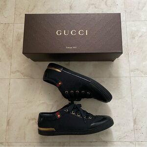 $985 Gucci Made in Italy GG Monogram Black Leather Canvas Low Top Sneakers Sz 6
